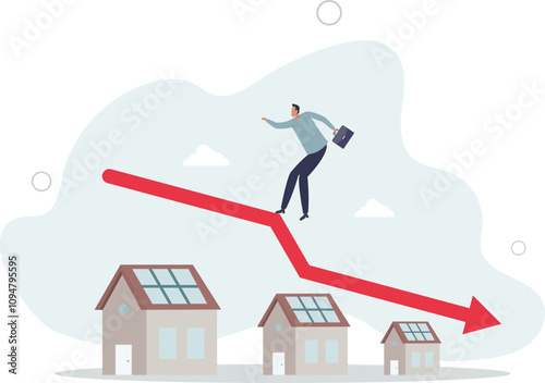 Housing price falling down, real estate and property crash, value drop or decline, home loan or mortgage risk concept.flat characters.