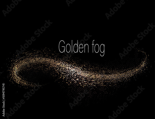 Isolated shiny gold ribbon with tinsel on black background, design element.