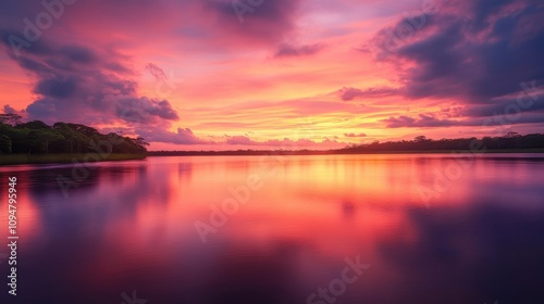 Sunset casts brilliant colors over a winding river, with lush greenery lining the banks. The sky is filled with fluffy clouds that reflect warm hues, creating a serene atmosphere.