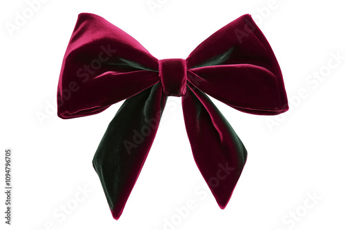 Deep red and green tied velvet bow for gift package decoration isolated on transparent and white background, PNG image.
