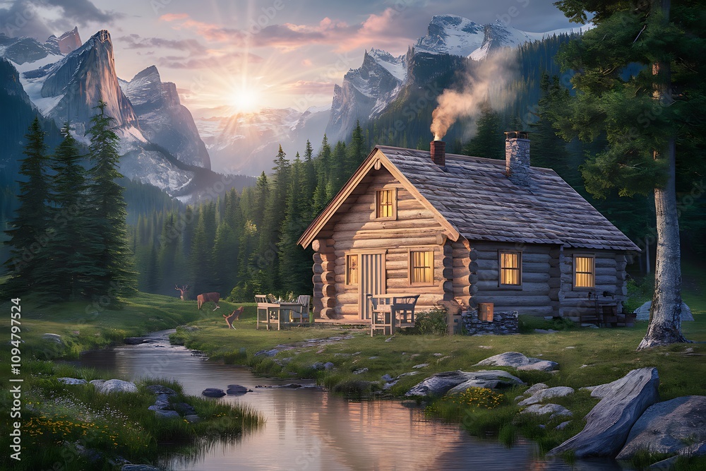 Fototapeta premium Peaceful log cabin nestled in a mountain valley at sunrise