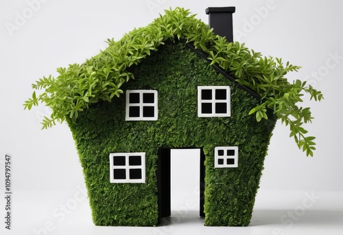 A potted plant in the shape of a house with leaves sprouting from the rooftop