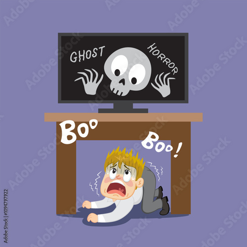 Man Scared Spooky Ghost. Fear Darkness Paranormal Spirits. Flat, Vector, Illustration, Cartoon, EPS10.