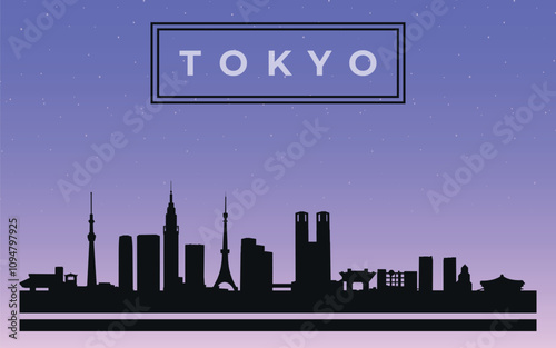 Black design silhouette of Tokyo city skyline with text in black frame. Vector on the background of dark blue starry sky