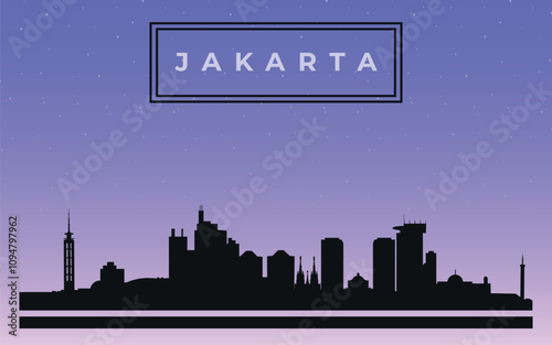 Black design silhouette of Jakarta city skyline with text in black frame. Vector on the background of dark blue starry sky