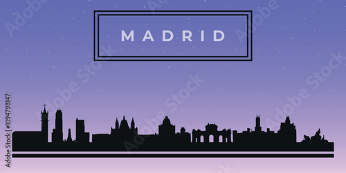 Black design silhouette of Madrid city skyline with text in black frame. Vector on the background of dark blue starry sky