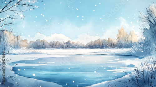 A dreamy watercolor painting of a snowy landscape, with a frozen pond reflecting the clear blue sky and snow-covered trees framing the horizon.