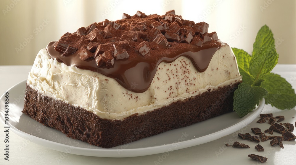 A tempting treat features layers of creamy chocolate and mint on a rich brownie base A tempting treat features layers of creamy chocolate and mint on a rich brownie base