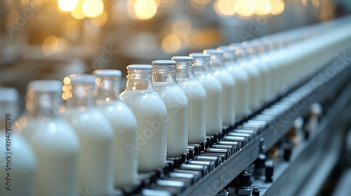 Bottles of fresh milk move steadily along the production line in a warm-lit factory setting