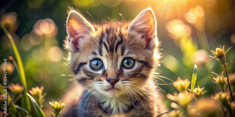 Obraz premium Adorable Kitten with Melancholic Eyes Surrounded by Nature's Beauty – Macro Photography Capturing the Essence of Feline Emotions and Serenity