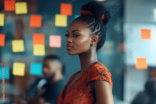 Beautiful young African woman in a sleek, tight dress, confidently leading a brainstorming session in a creative workspace, her expression animated and powerful, capturing the essence of collaboration photo