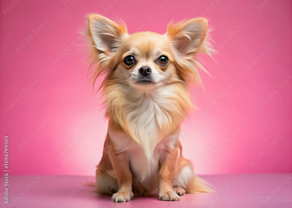 Adorable Longhaired Chihuahua with Expressive Eyes Against a Soft Pink Background - Minimalist Photography Focus on Canine Charm and Personality Adorable Longhaired Chihuahua with Expressive Eyes Against a Soft Pink Background - Minimalist Photography Focus on Canine Charm and Personality