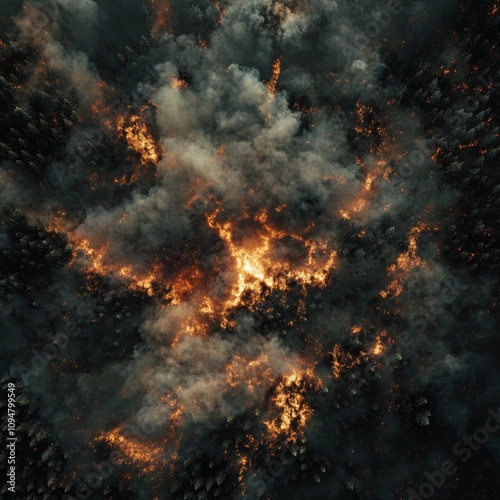 Aerial View of Forest Fire with Smoke and Flames