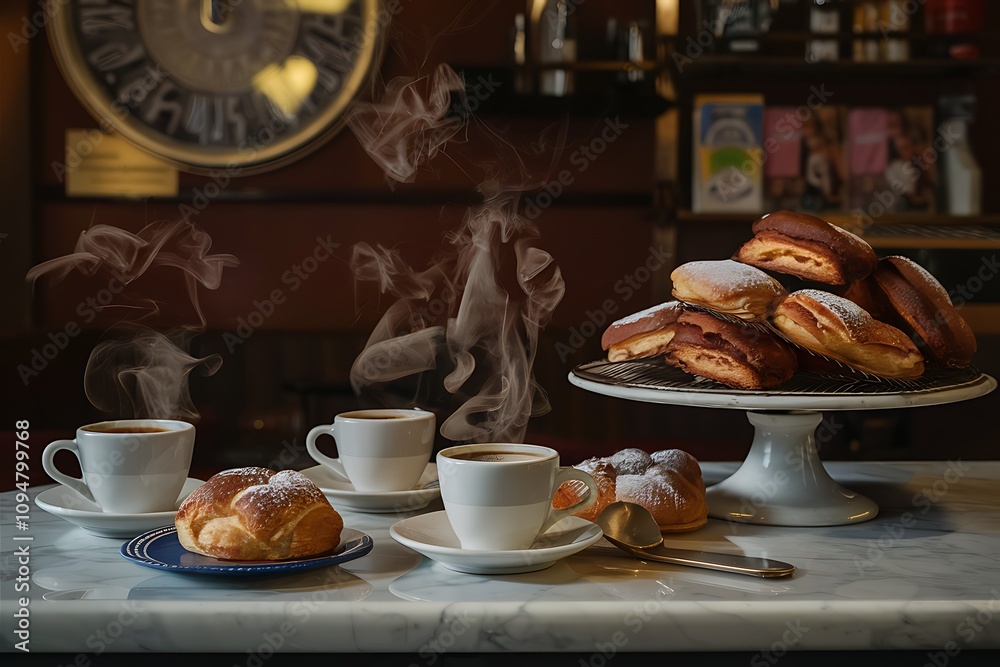 Obraz premium Aromatic Coffee and pastries in a cozy cafe.