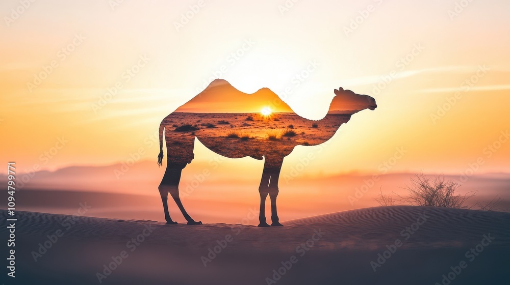 A camel silhouette showcases a stunning sunset landscape within its shape, highlighting the desert's vastness and the calming beauty of dusk. This creative representation emphasizes nature's allure. A camel silhouette showcases a stunning sunset landscape within its shape, highlighting the desert's vastness and the calming beauty of dusk. This creative representation emphasizes nature's allure.