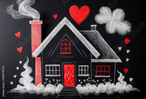 A simple drawing of a house with hearts coming out of the chimney on a black background