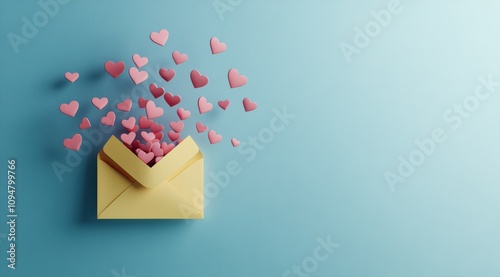 An envelope with hearts flying out of it on a pastel background