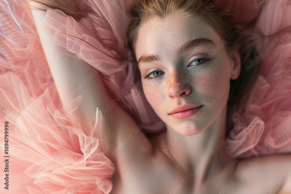 Generative AI Closeup of Young Ballerina in Pink Tulle with Captivating Blue Eyes Generative AI Closeup of Young Ballerina in Pink Tulle with Captivating Blue Eyes