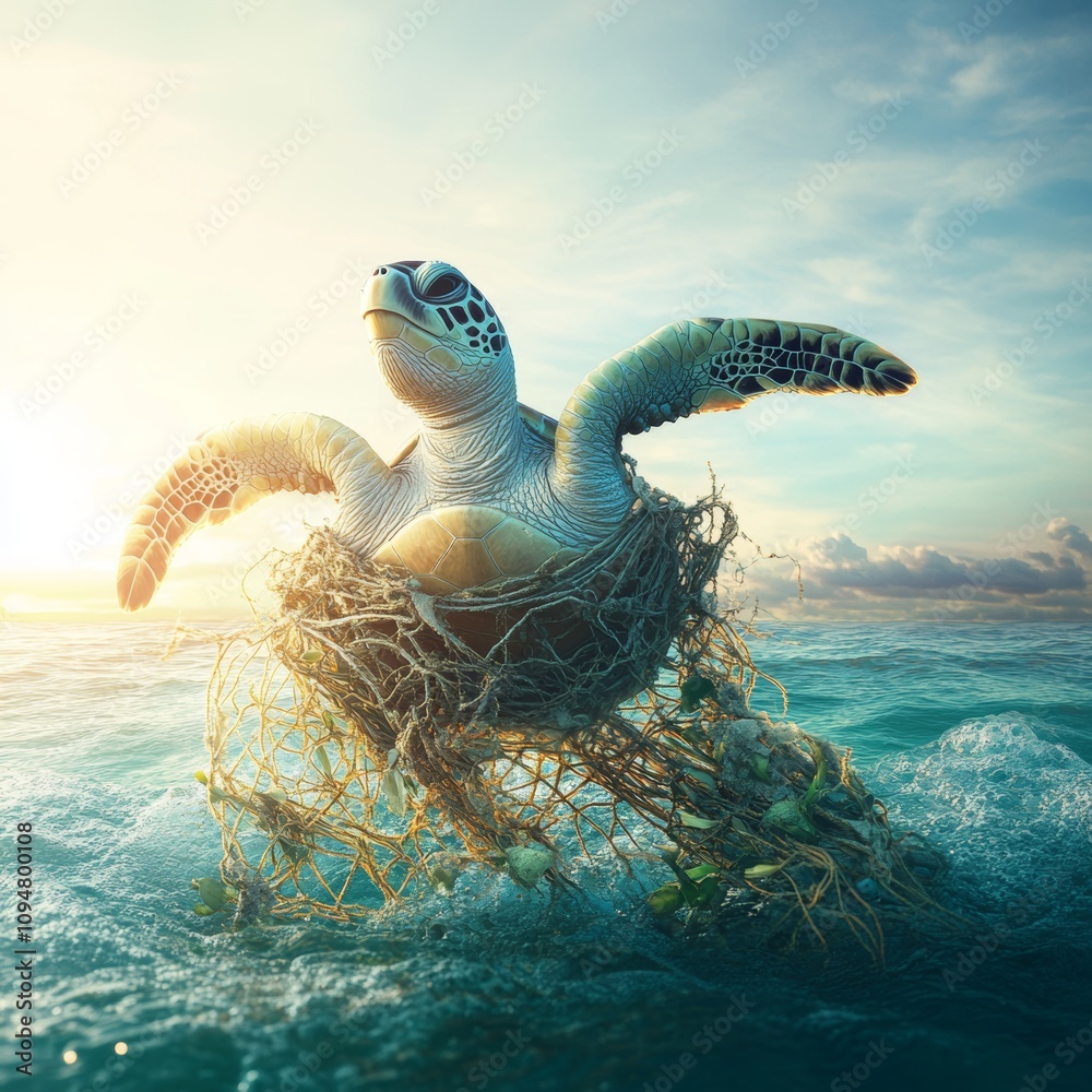 Obraz premium Sea Turtle Swimming Through Ocean Pollution