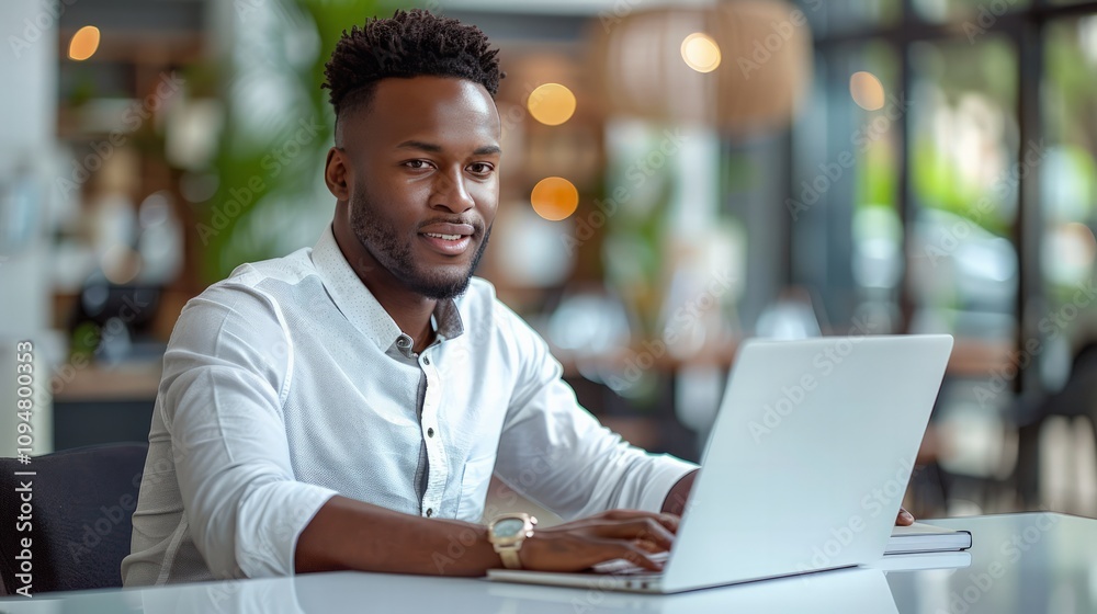 Focused professional working on laptop in modern cafe business environment urban setting productivity concept Focused professional working on laptop in modern cafe business environment urban setting productivity concept