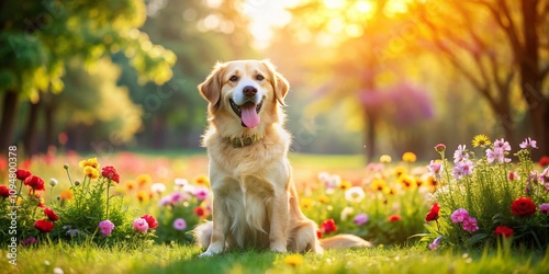 Adorable Playful Dog in a Sunny Park Setting with Copy Space for Text and Branding, Perfect for Pet Lovers and Dog Enthusiasts' Social Media Use photo