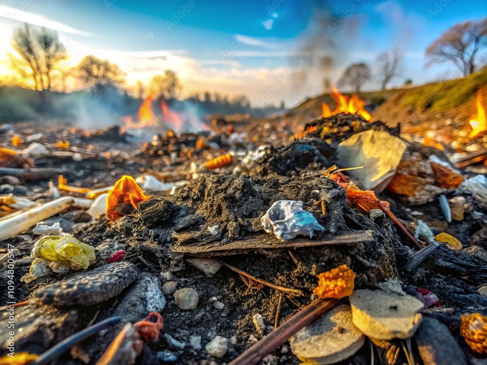 Macro Photography of a Burnt Pile of Trash Highlighting Environmental Pollution and Ecological Catastrophe in a Close-Up Perspective of Contaminated Debris and Ashes Macro Photography of a Burnt Pile of Trash Highlighting Environmental Pollution and Ecological Catastrophe in a Close-Up Perspective of Contaminated Debris and Ashes