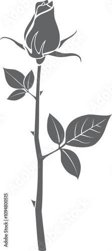 Flower bud black silhouette. Rose on stem tattoo