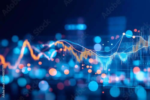 A blurred background with a blue finance graph and investment bar, showcasing growth and success in the market with technology currency reports chart. Business stock world economy AI computer