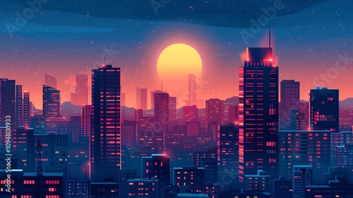Breathtaking futuristic city skyline at dusk with towering modern skyscrapers vibrant illuminated architecture and a dramatic glowing sunset landscape
