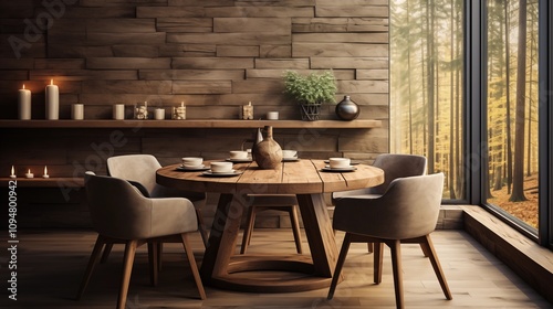 A rustic yet modern Japandi dining area featuring a round wooden slab table and cozy chairs. Barnwood paneling enhances the natural atmosphere.