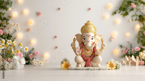 Beautifully crafted golden statue of the Hindu deity Ganesha adorned with traditional garlands and intricate ornamentations set against a vibrant floral decorated festive backdrop photo