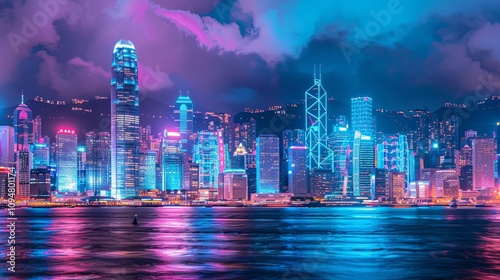 Breathtaking panorama of a futuristic metropolis with a dazzling skyline of modern high rise buildings and towering skyscrapers illuminated by vibrant neon lights