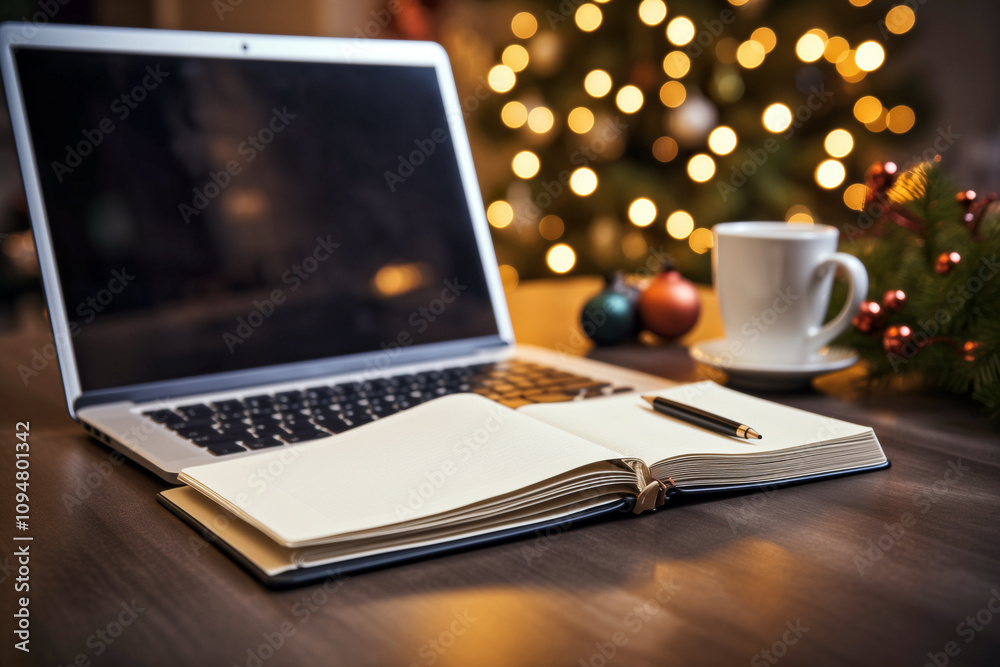 Fototapeta premium Sparkling New Year?s resolution notebook with pen and festive decor