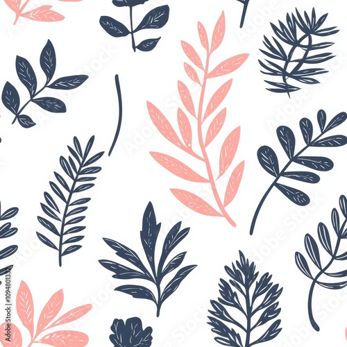 Seamless Pattern with Pastel Pink And Blue Abstract Tropical Leaves. Exotic Floral Background.