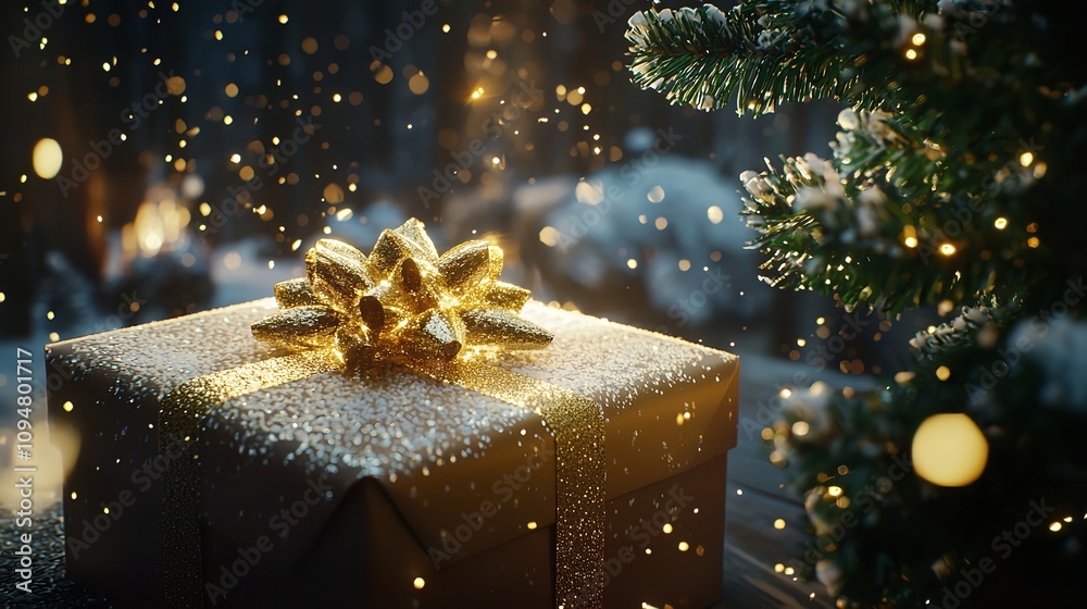 Christmas gift box with golden ribbon and Christmas tree. Christmas gift box with golden ribbon and Christmas tree.