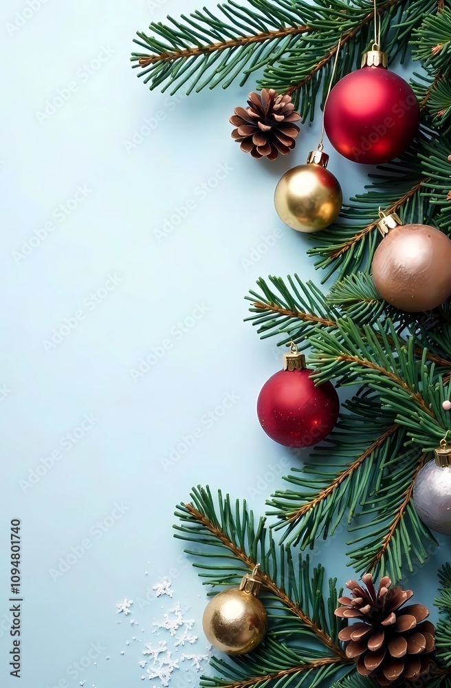 Christmas tree branch ornament Christmas tree ornaments and fir cones on blue background. Place to add text or design Christmas tree branch ornament Christmas tree ornaments and fir cones on blue background. Place to add text or design