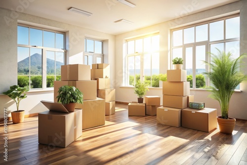 Piled Up Boxes in a Bright New Apartment, Capturing the Excitement of Moving Day with a Cozy Atmosphere and Organized Chaos of Cardboard Boxes Ready for Unpacking