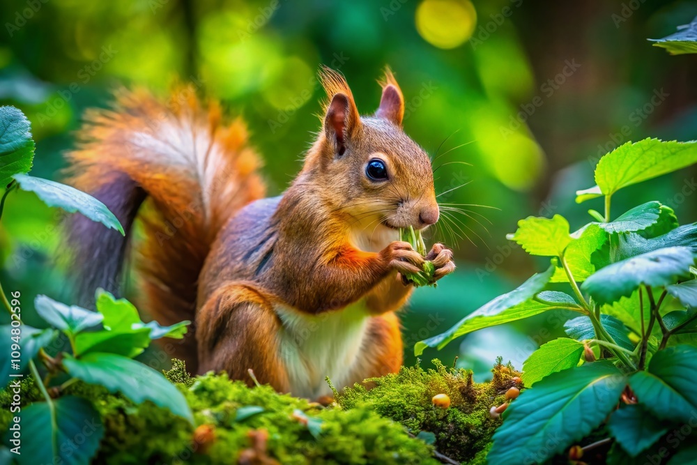 Fototapeta premium Aerial Drone Photography of a Squirrel Eating Nuts in a Lush Forest Setting, Capturing Nature's Delicate Moments with Stunning Detail and Vivid Colors
