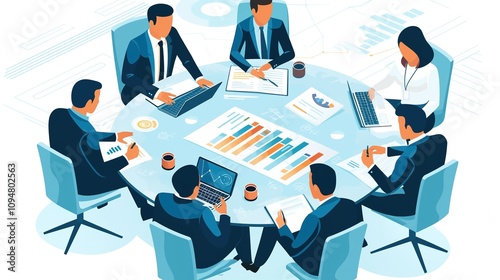 Business Team Analyzing Data: Cartoon-Style Illustration of Professionals Collaborating Around a Table with Tablets, Documents, and Coffee Cups in a High-Quality, Top-Down View