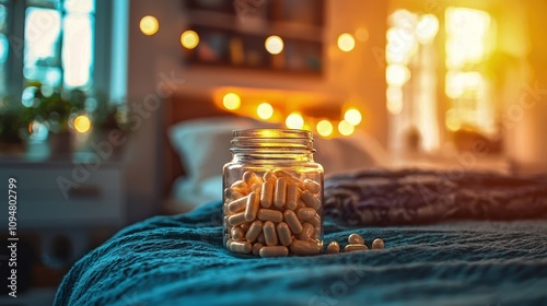 A jar of magnesium supplements on a bedside table, highlighting muscle relaxation and recovery. photo