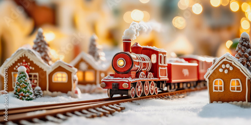 A charming gingerbread train with bright red cars traveling through a festive village of illuminated gingerbread houses. A magical Chrtistmas holiday scene with warm glowing lights. Copy space photo