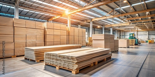 Stacks of Sheet Chipboard in a Woodworking Factory Warehouse Showcasing Organized Inventory in a Spacious Environment with Natural Light and Industrial Elements