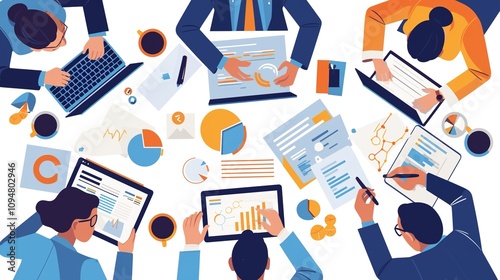 Business Team Analyzing Data: Cartoon-Style Illustration of Professionals Collaborating Around a Table with Tablets, Documents, and Coffee Cups in a High-Quality, Top-Down View