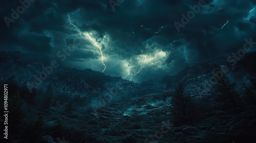 Epict powerful night storm where lightning streaks across a darkened sky, casting a bright, fleeting glow over a rugged landscape. with deep, shadowy clouds swirling overhead