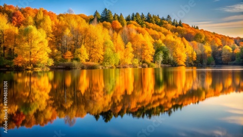 Tranquil Autumn Reflections in a Serene Lake Surrounded by Golden Foliage and Soft Light Creating a Minimalist Aesthetic for Fall Photography Lovers