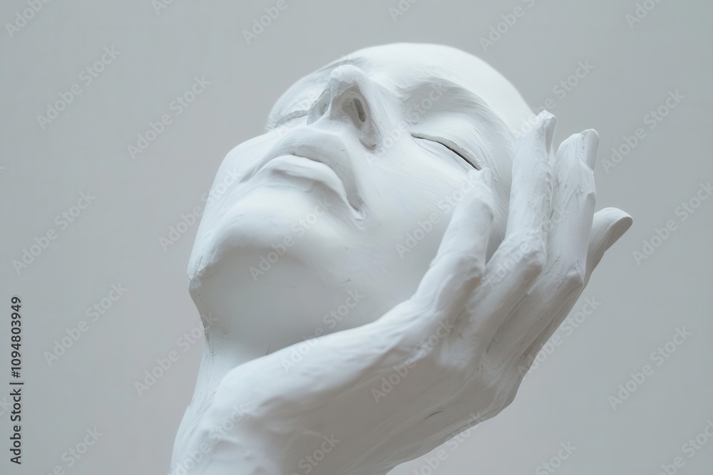 A serene white sculpture of a face gently cradled by a hand, symbolizing tranquility. A serene white sculpture of a face gently cradled by a hand, symbolizing tranquility.