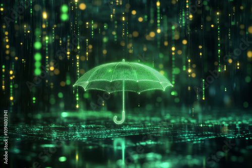 Glowing green umbrella representing data protection in a futuristic IT environment. Abstract visualization of cybersecurity and digital safety.
