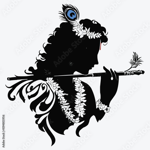 Lord Krishna plays flute in silhouette Vector illustration of lord Krishna Hindu God
