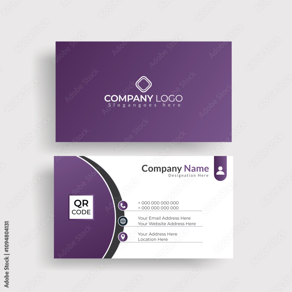 White and Purple color business card design, horizontal and vertical layout, flat logo & stylish abstract shape, simple business card, high-quality brand and corporate identity card design , template