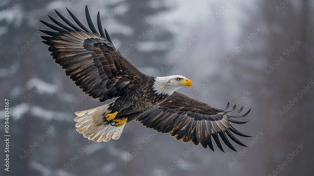 Obraz premium A bald eagle takes flight over a snow-covered forest, showcasing its striking wingspan against the serene winter landscape in the morning light